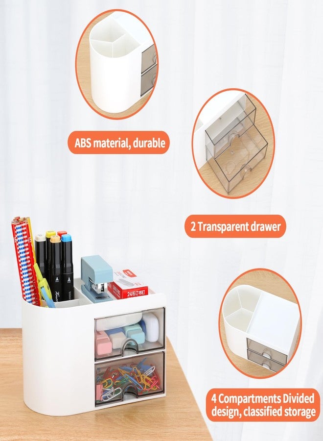 LETURE Desk Organizer Office Supplies Caddy with Pencil Holder and Drawer for Desktop Accessories, Business Card/Pen/Pencil/Mobile Phone/Stationery Holder Storage Box (White) - Image 3