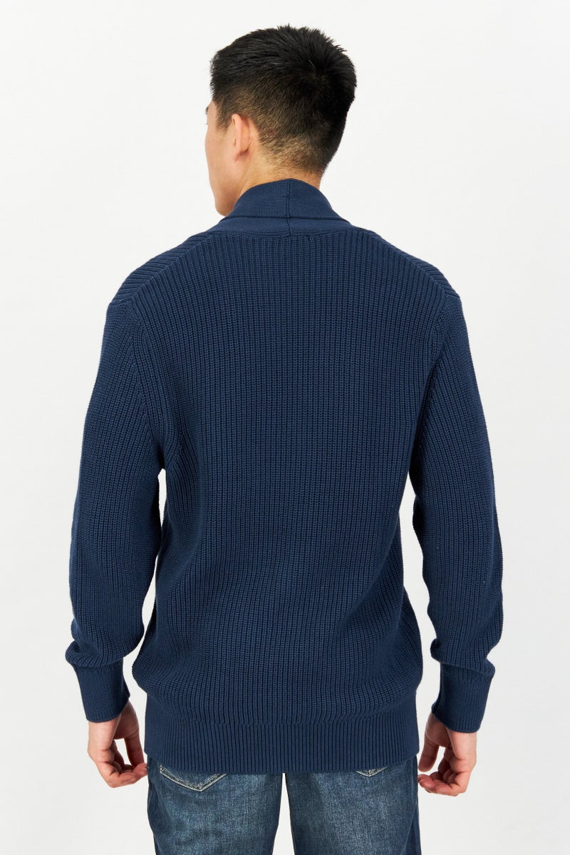 Celio Men V-Neck Knitted Long Sleeves Cardigan, Dark Blue  - Image 2