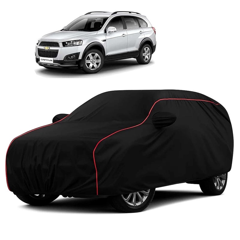 sulfar غطاء سيارة مقاوم للماء 100% متوافق مع المرايا لسيارة شيفروليه كابتيفا (خياطة ثلاثية، حافة مطاطية كاملة، أسود مع حواف حمراء) - Image 1