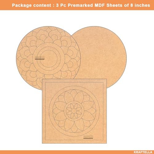 KRAFTELLA Lippan Mandala Art Materials Diy Kit With Four Designs Mdf Board 3 Pcs Round & Square(2 Premarked 1 plain Board) Diwali Decoration For Home Decor Engraved Painting MDF Base 8inch Multicolor - Image 2
