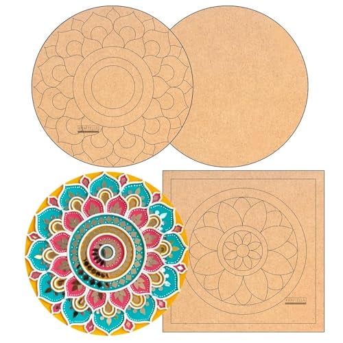 KRAFTELLA Lippan Mandala Art Materials Diy Kit With Four Designs Mdf Board 3 Pcs Round & Square(2 Premarked 1 plain Board) Diwali Decoration For Home Decor Engraved Painting MDF Base 8inch Multicolor - Image 1