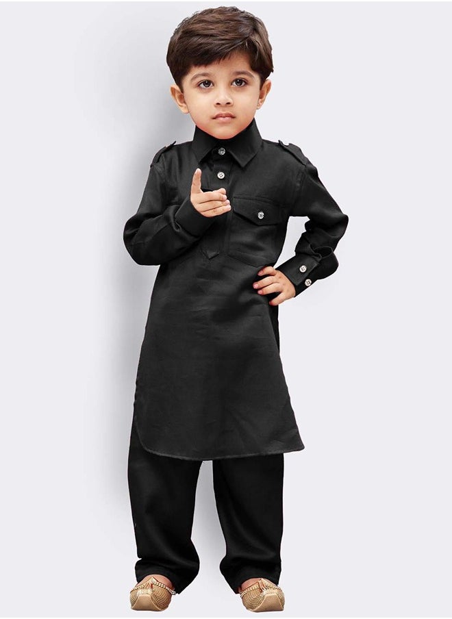 PRASHA - Boys' Black Cotton Pathani Kurta Set - Image 1