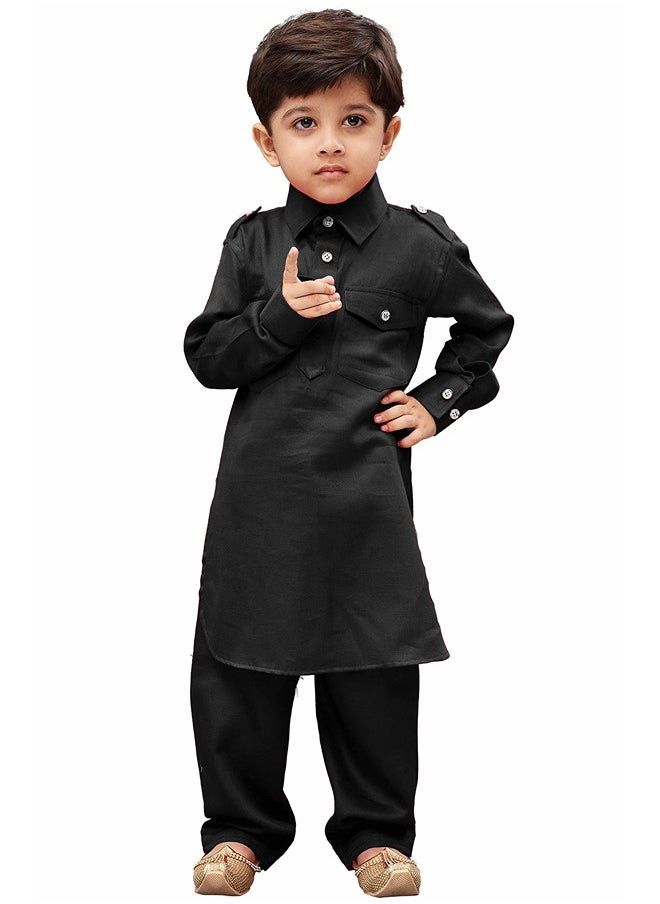 PRASHA - Boys' Black Cotton Pathani Kurta Set - Image 1