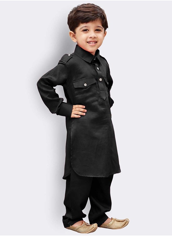 PRASHA - Boys' Black Cotton Pathani Kurta Set - Image 1