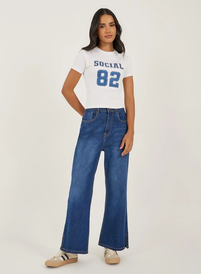 Styli Denim Applique Fitted Cropped T-Shirt