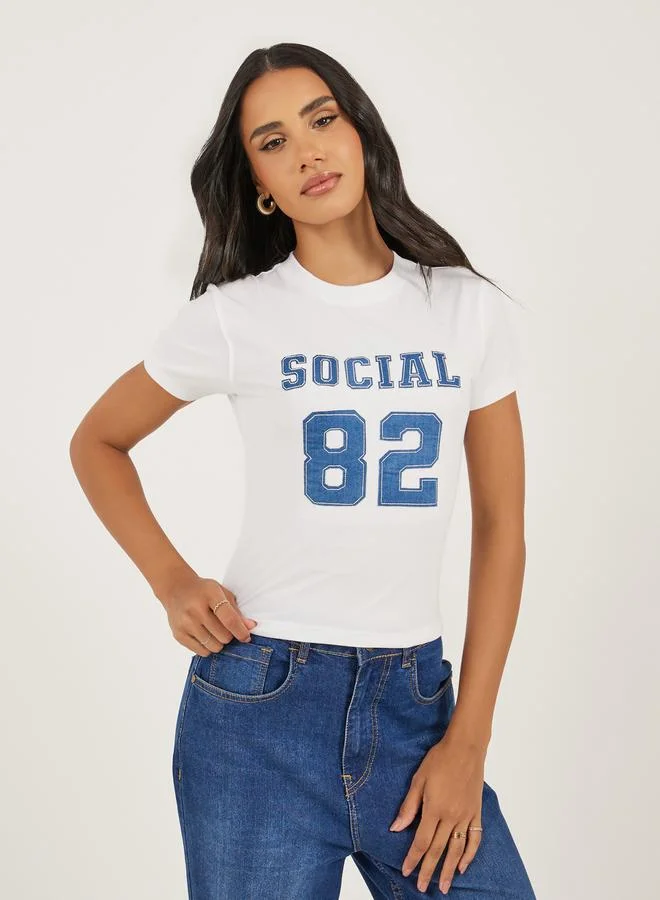 Styli Denim Applique Fitted Cropped T-Shirt