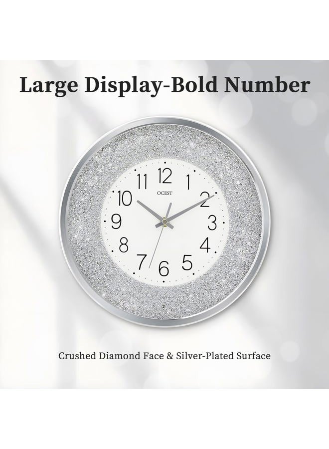 OCEST 12 Inch Wall Clocks Crushed Diamond Night Light, Silent LED Sparkle Glow in The Dark Decorative Large Display Clock for Bedroom, Living Room, Kitchen - Silver - Image 2