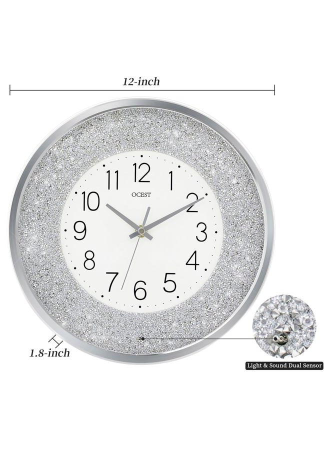 OCEST 12 Inch Wall Clocks Crushed Diamond Night Light, Silent LED Sparkle Glow in The Dark Decorative Large Display Clock for Bedroom, Living Room, Kitchen - Silver - Image 5