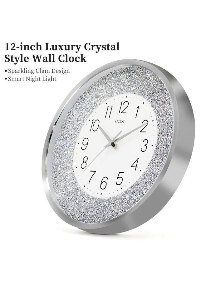 OCEST 12 Inch Wall Clocks Crushed Diamond Night Light, Silent LED Sparkle Glow in The Dark Decorative Large Display Clock for Bedroom, Living Room, Kitchen - Silver - Image 3