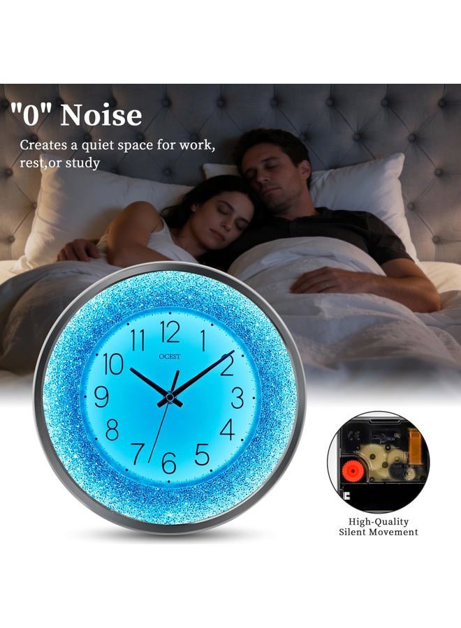 OCEST 12 Inch Wall Clocks Crushed Diamond Night Light, Silent LED Sparkle Glow in The Dark Decorative Large Display Clock for Bedroom, Living Room, Kitchen - Silver - Image 4