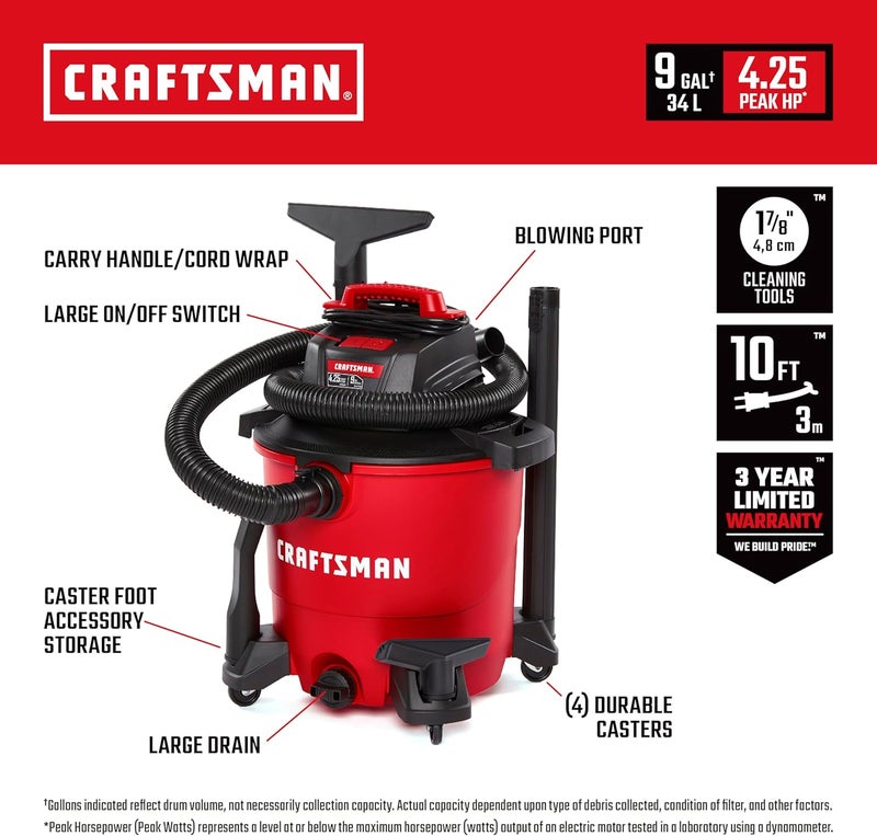 CRAFTSMAN كرافتسمان CMXEVBE17590 مكنسة كهربائية محمولة بسعة 9 جالون و425 حصان ذروة للتنظيف الرطب والجاف مع فلتر وحقيبة غبار وخراطيم وملحقات للتنظيف في المنزل والمرآب والسيارات - Image 2
