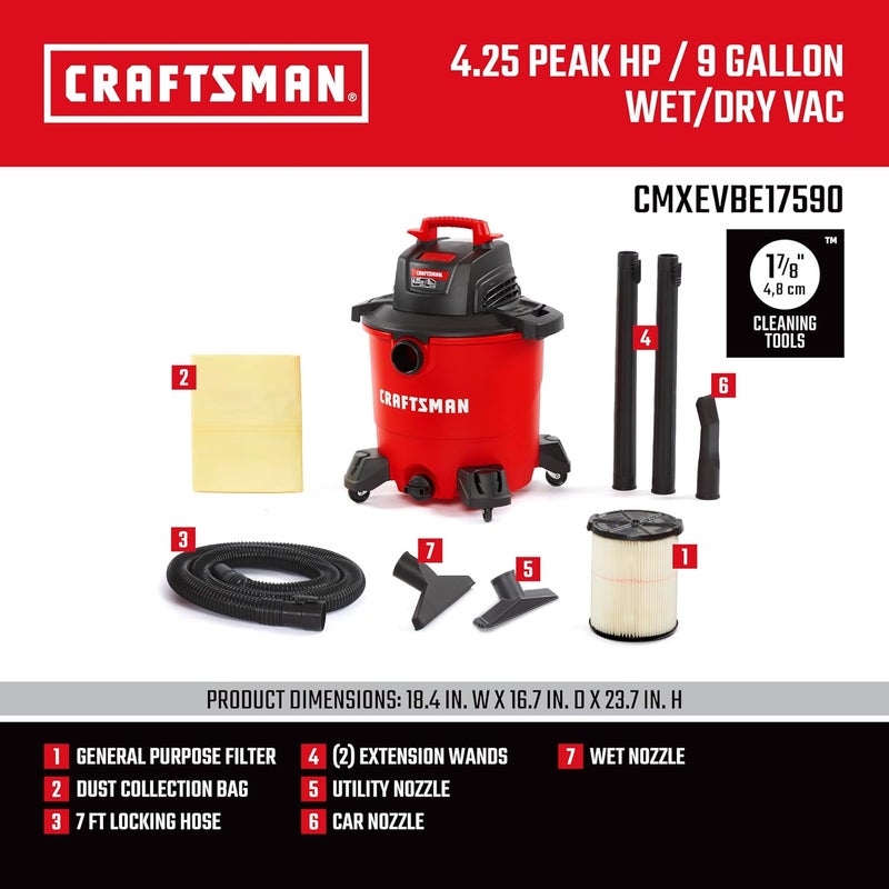 CRAFTSMAN كرافتسمان CMXEVBE17590 مكنسة كهربائية محمولة بسعة 9 جالون و425 حصان ذروة للتنظيف الرطب والجاف مع فلتر وحقيبة غبار وخراطيم وملحقات للتنظيف في المنزل والمرآب والسيارات - Image 3