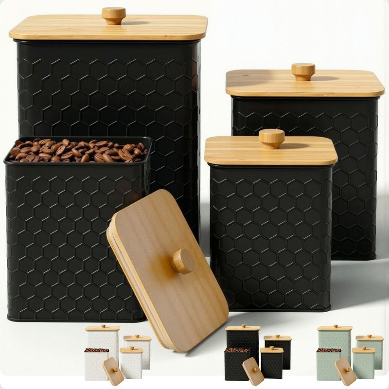 HB Design Co. Kitchen Canisters for Countertop Set of 4 - Textured Iron Kitchen Canisters with Airtight Lids - Flour Sugar Canister Set - Flour and Sugar Containers Farmhouse - Coffee Jar for Counter - Black Jar x4 - Image 1