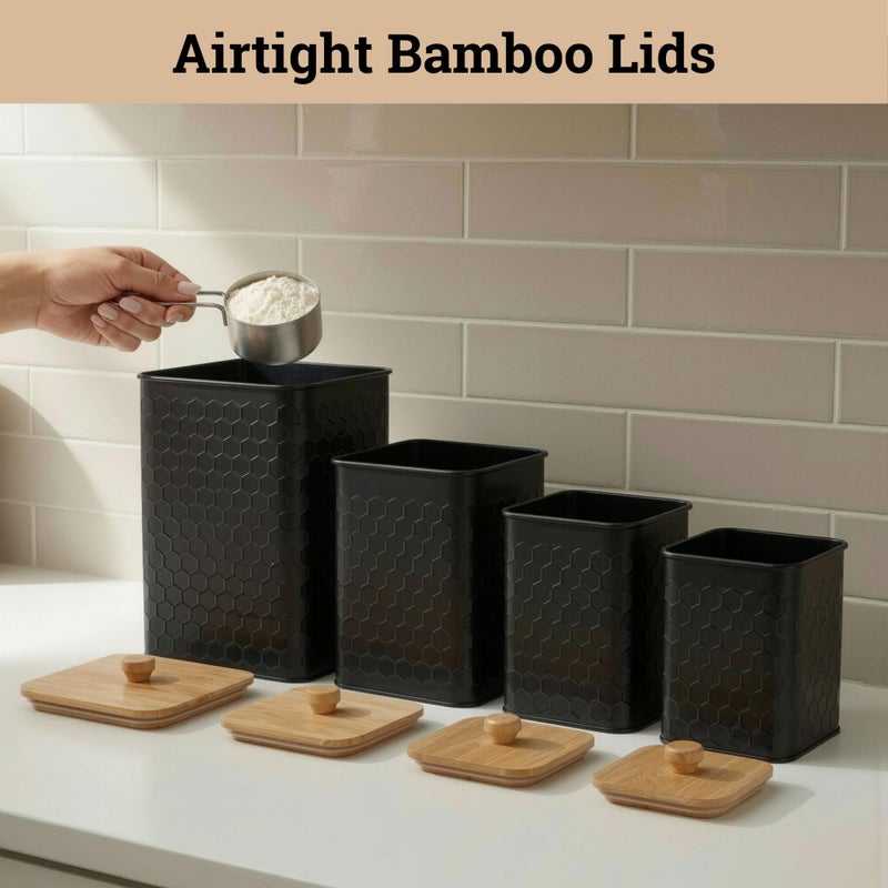 HB Design Co. Kitchen Canisters for Countertop Set of 4 - Textured Iron Kitchen Canisters with Airtight Lids - Flour Sugar Canister Set - Flour and Sugar Containers Farmhouse - Coffee Jar for Counter - Black Jar x4 - Image 5