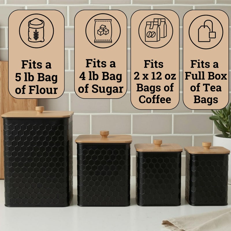 HB Design Co. Kitchen Canisters for Countertop Set of 4 - Textured Iron Kitchen Canisters with Airtight Lids - Flour Sugar Canister Set - Flour and Sugar Containers Farmhouse - Coffee Jar for Counter - Black Jar x4 - Image 3