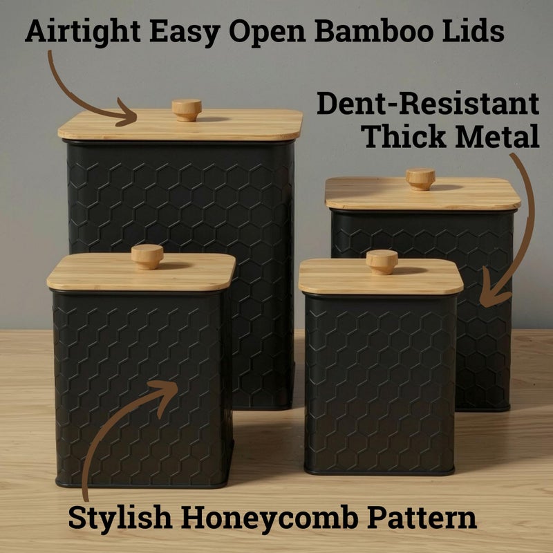 HB Design Co. Kitchen Canisters for Countertop Set of 4 - Textured Iron Kitchen Canisters with Airtight Lids - Flour Sugar Canister Set - Flour and Sugar Containers Farmhouse - Coffee Jar for Counter - Black Jar x4 - Image 2