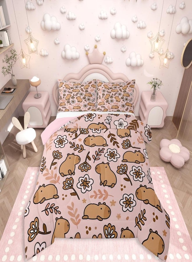 Erosebridal طقم مفروشات سرير مزدوج من إيروسبريدال بتصميم حيوان الكابيبارا الكرتوني، طقم لحاف حيوانات لطيفة للأطفال من الجنسين، لحاف مزين بفروع، لحاف مزين بالزهور، لون وردي - Image 1