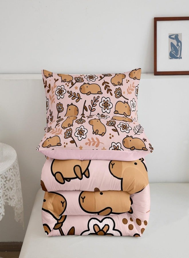 Erosebridal طقم مفروشات سرير مزدوج من إيروسبريدال بتصميم حيوان الكابيبارا الكرتوني، طقم لحاف حيوانات لطيفة للأطفال من الجنسين، لحاف مزين بفروع، لحاف مزين بالزهور، لون وردي - Image 4