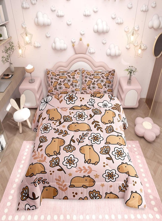 Erosebridal طقم مفروشات سرير مزدوج من إيروسبريدال بتصميم حيوان الكابيبارا الكرتوني، طقم لحاف حيوانات لطيفة للأطفال من الجنسين، لحاف مزين بفروع، لحاف مزين بالزهور، لون وردي - Image 2