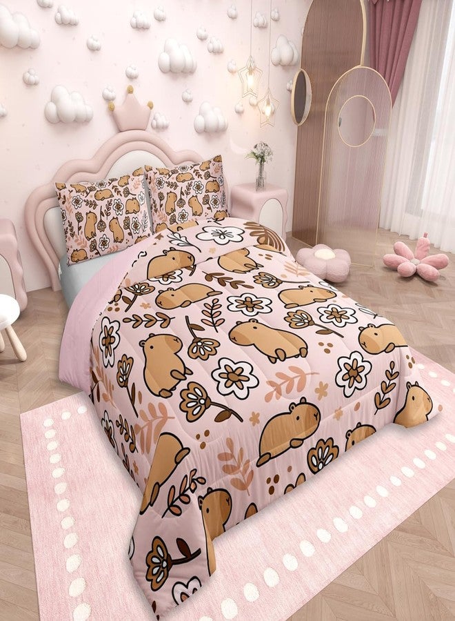 Erosebridal طقم مفروشات سرير مزدوج من إيروسبريدال بتصميم حيوان الكابيبارا الكرتوني، طقم لحاف حيوانات لطيفة للأطفال من الجنسين، لحاف مزين بفروع، لحاف مزين بالزهور، لون وردي - Image 3