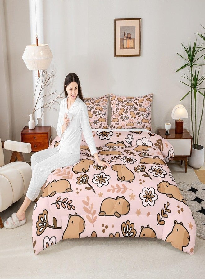 Erosebridal طقم مفروشات سرير مزدوج من إيروسبريدال بتصميم حيوان الكابيبارا الكرتوني، طقم لحاف حيوانات لطيفة للأطفال من الجنسين، لحاف مزين بفروع، لحاف مزين بالزهور، لون وردي - Image 5