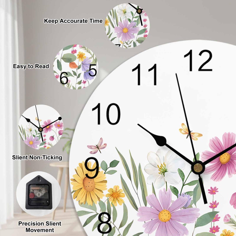 LooPoP Wildflower Butterfly PVC Wall Clock Silent Non-Ticking Battery Operated Clocks, Spring Floral Round Clock for Home Living Room Office School Kitchen Bedroom Bathroom Wall Decor 10 Inch Summer Flowers - Image 4