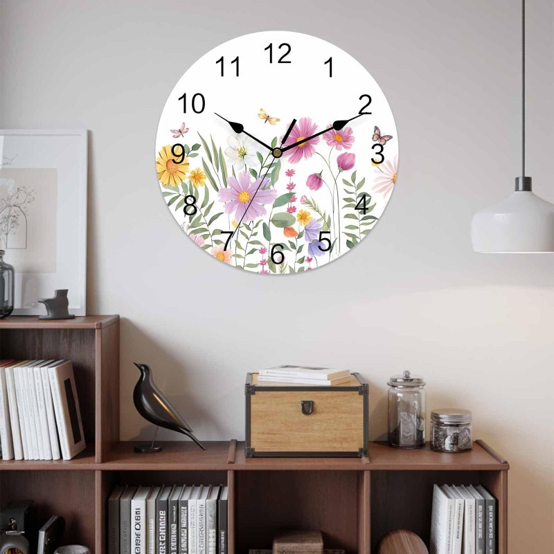 LooPoP Wildflower Butterfly PVC Wall Clock Silent Non-Ticking Battery Operated Clocks, Spring Floral Round Clock for Home Living Room Office School Kitchen Bedroom Bathroom Wall Decor 10 Inch Summer Flowers - Image 2