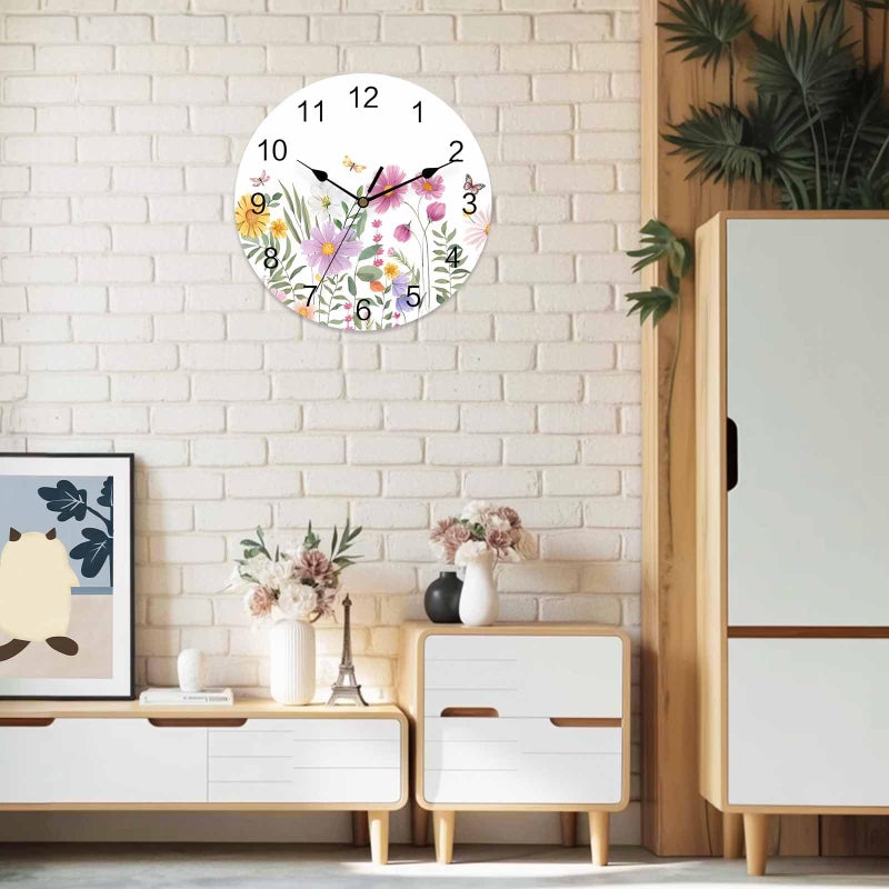 LooPoP Wildflower Butterfly PVC Wall Clock Silent Non-Ticking Battery Operated Clocks, Spring Floral Round Clock for Home Living Room Office School Kitchen Bedroom Bathroom Wall Decor 10 Inch Summer Flowers - Image 3