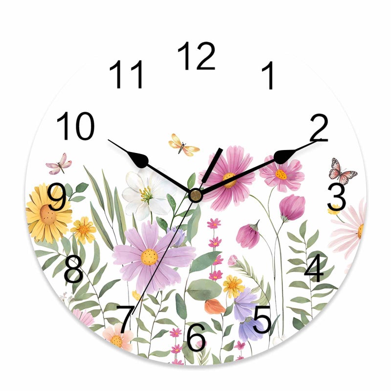 LooPoP Wildflower Butterfly PVC Wall Clock Silent Non-Ticking Battery Operated Clocks, Spring Floral Round Clock for Home Living Room Office School Kitchen Bedroom Bathroom Wall Decor 10 Inch Summer Flowers - Image 1