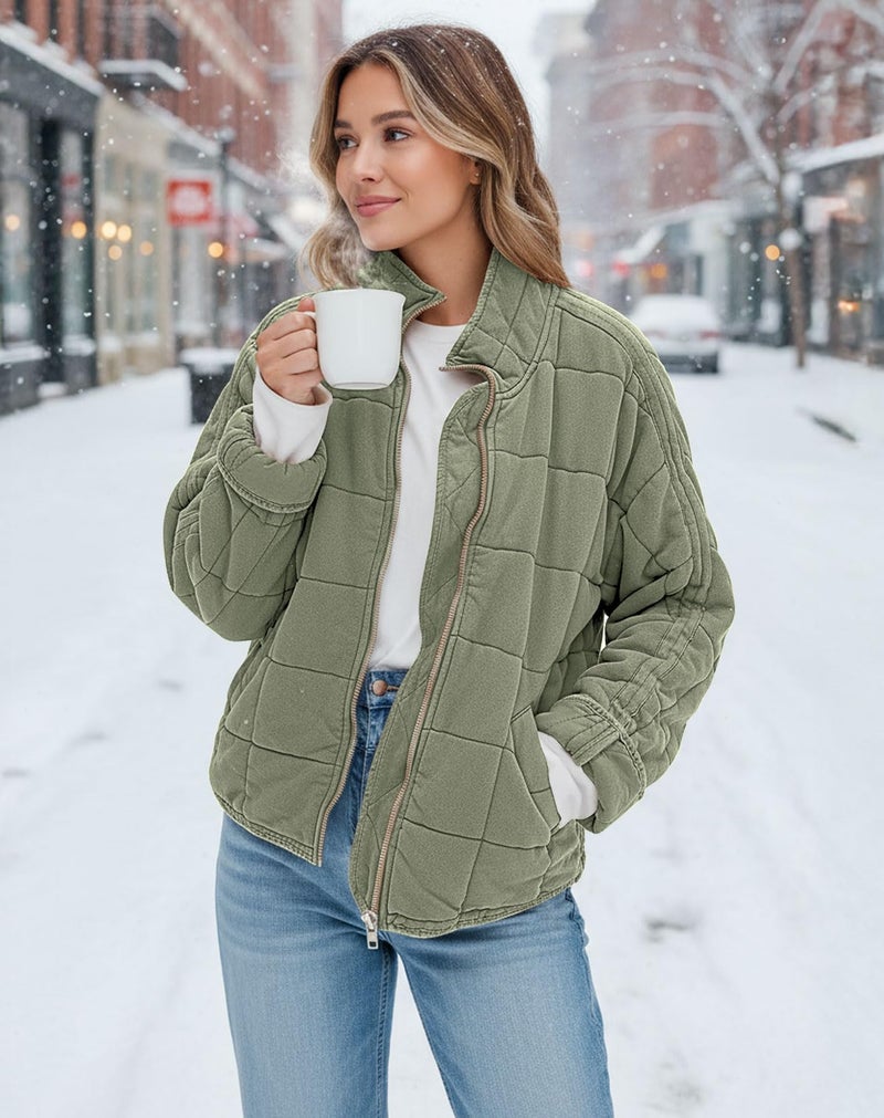 SAUKOLE Womens Winter Dolman Long Sleeve Full-zip Quilted Jacket Coat Warm Outerwear Green - Image 2