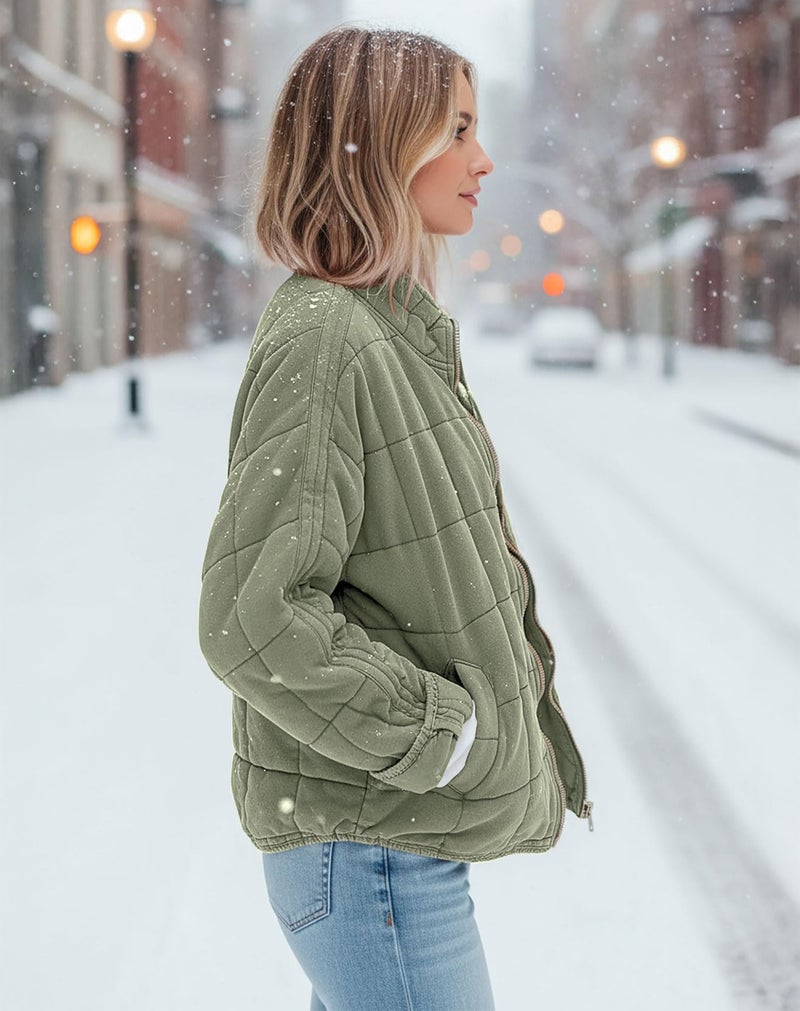 SAUKOLE Womens Winter Dolman Long Sleeve Full-zip Quilted Jacket Coat Warm Outerwear Green - Image 4