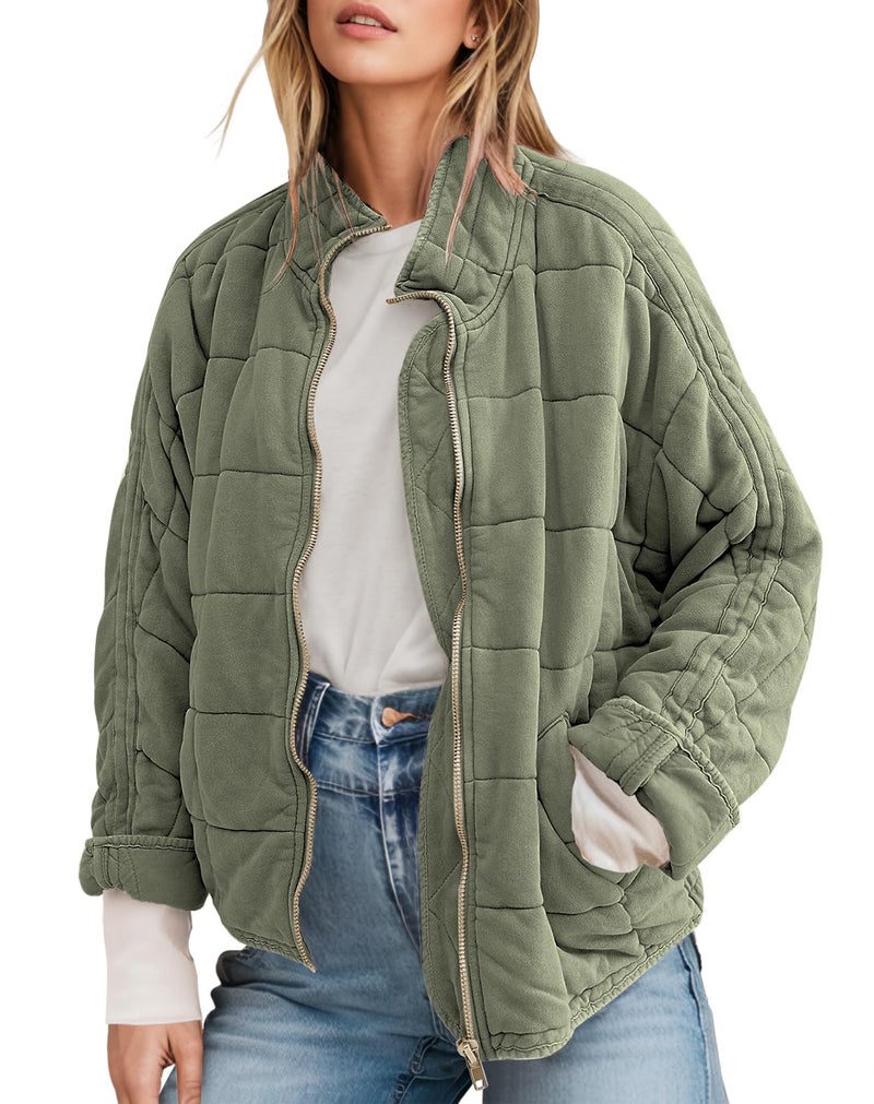 SAUKOLE Womens Winter Dolman Long Sleeve Full-zip Quilted Jacket Coat Warm Outerwear Green - Image 1
