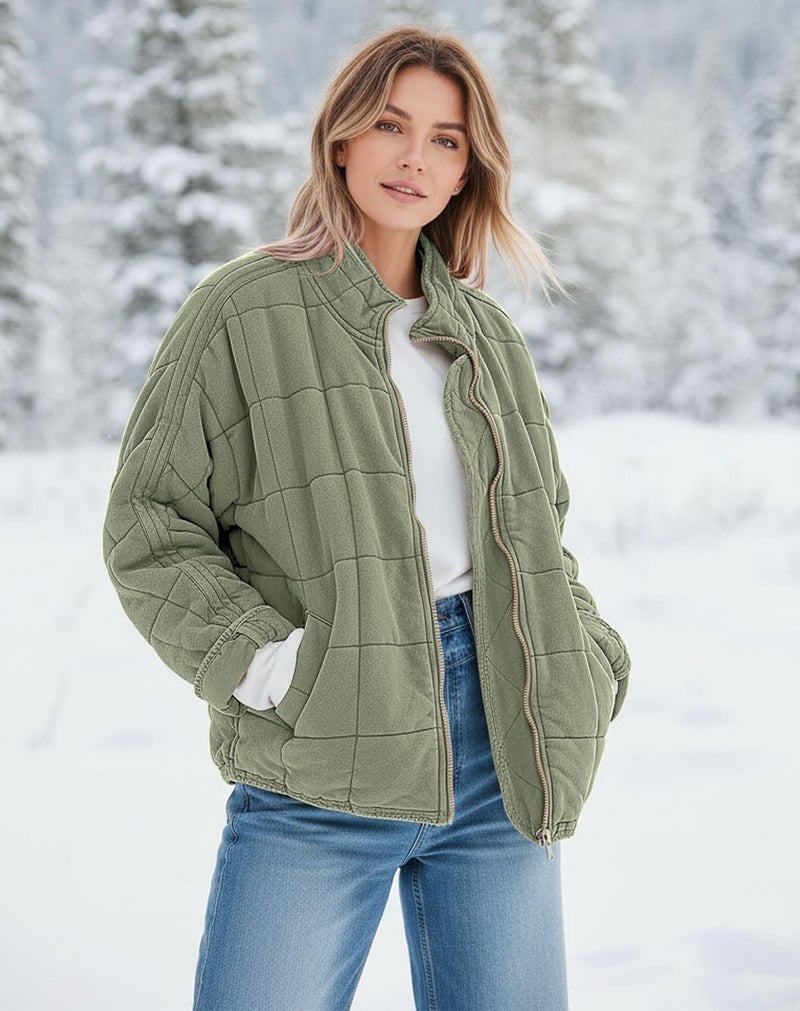 SAUKOLE Womens Winter Dolman Long Sleeve Full-zip Quilted Jacket Coat Warm Outerwear Green - Image 3