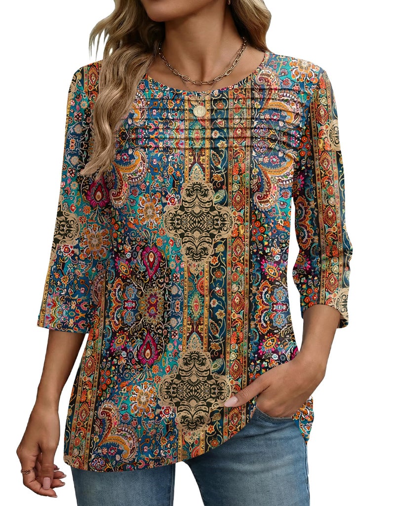 Zeagoo Tunic Tops for Women Loose Fit Dressy Three-Quarter Sleeve Blouse Boho Spring Summer Outfit Round Neck Casual Clothes - Image 1