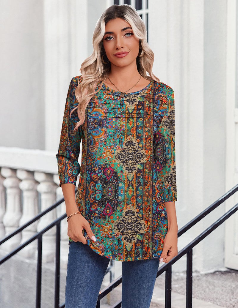 Zeagoo Tunic Tops for Women Loose Fit Dressy Three-Quarter Sleeve Blouse Boho Spring Summer Outfit Round Neck Casual Clothes - Image 4
