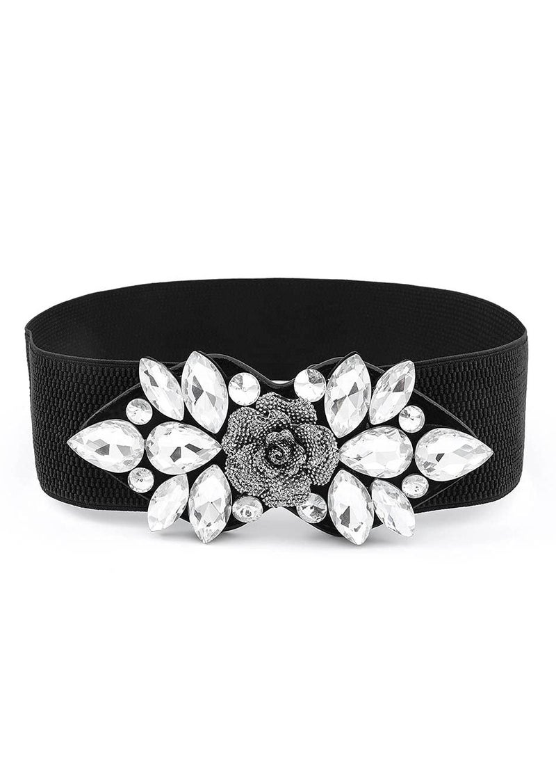 KASTWAVE Black Stretch Rhinestone Belt, Black Top Waist Corset Dress Down Jacket Elastic Waistband Costume Accessories (1'9-2'6) - Image 1