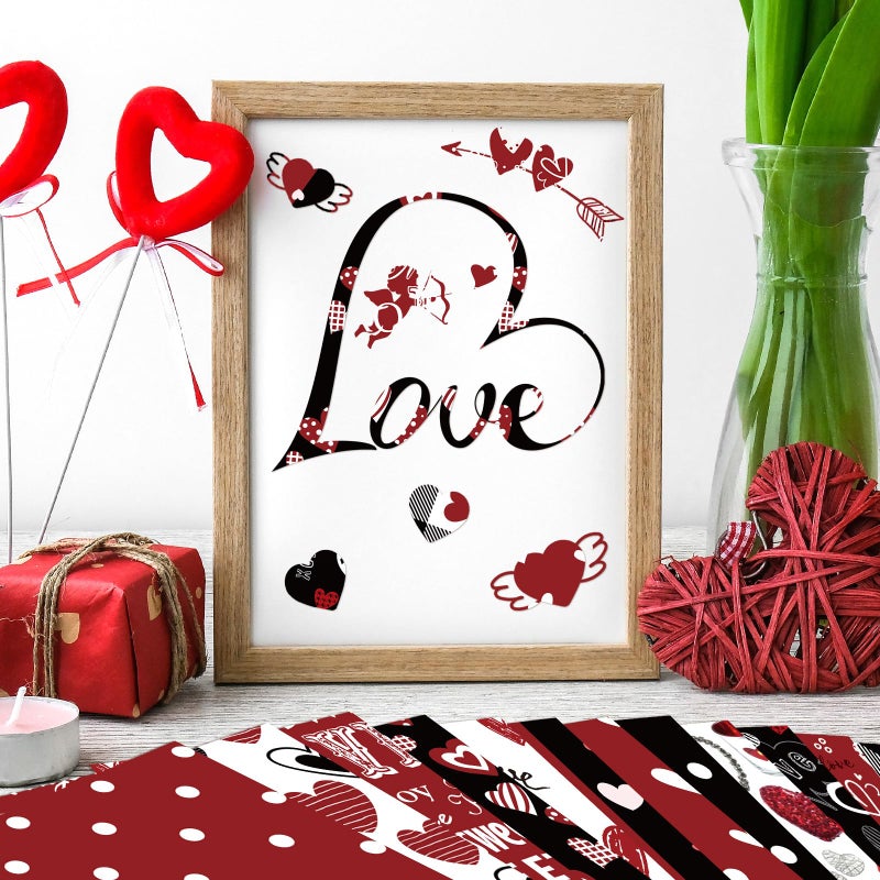 Hedeey Valentines Pattern Paper Double Sided Valentine Decorative Scrapbook Craft Paper,Love Heart Red Black Cardstock for Valentines Craft Supplies Card Making Scrapbook(12 Design,24 Sheet,11 x 11 Inch) - Image 5