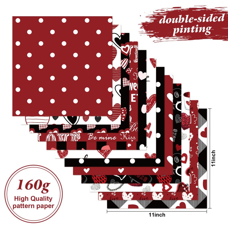 Hedeey Valentines Pattern Paper Double Sided Valentine Decorative Scrapbook Craft Paper,Love Heart Red Black Cardstock for Valentines Craft Supplies Card Making Scrapbook(12 Design,24 Sheet,11 x 11 Inch) - Image 2