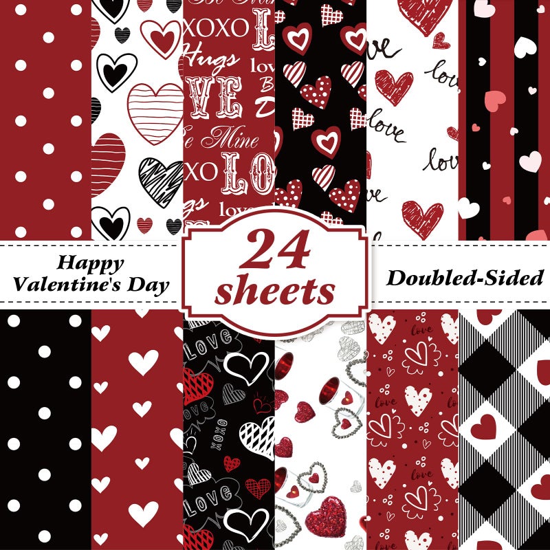 Hedeey Valentines Pattern Paper Double Sided Valentine Decorative Scrapbook Craft Paper,Love Heart Red Black Cardstock for Valentines Craft Supplies Card Making Scrapbook(12 Design,24 Sheet,11 x 11 Inch) - Image 1