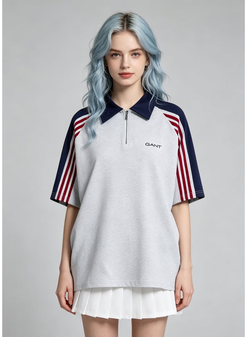 GANT Men’s Color Block Half Zip Polo Shirt, Navy Collar with Burgundy Striped Short Sleeve Casual Sports Top - Image 1