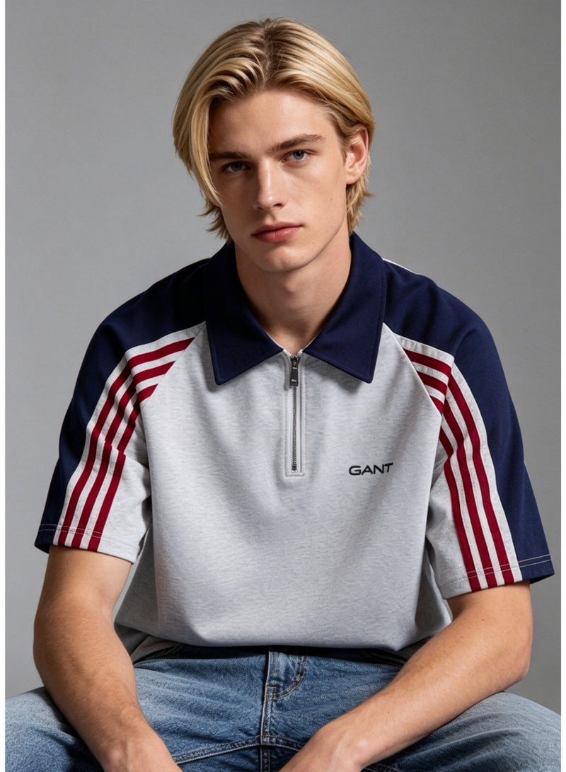 GANT Men’s Color Block Half Zip Polo Shirt, Navy Collar with Burgundy Striped Short Sleeve Casual Sports Top - Image 5