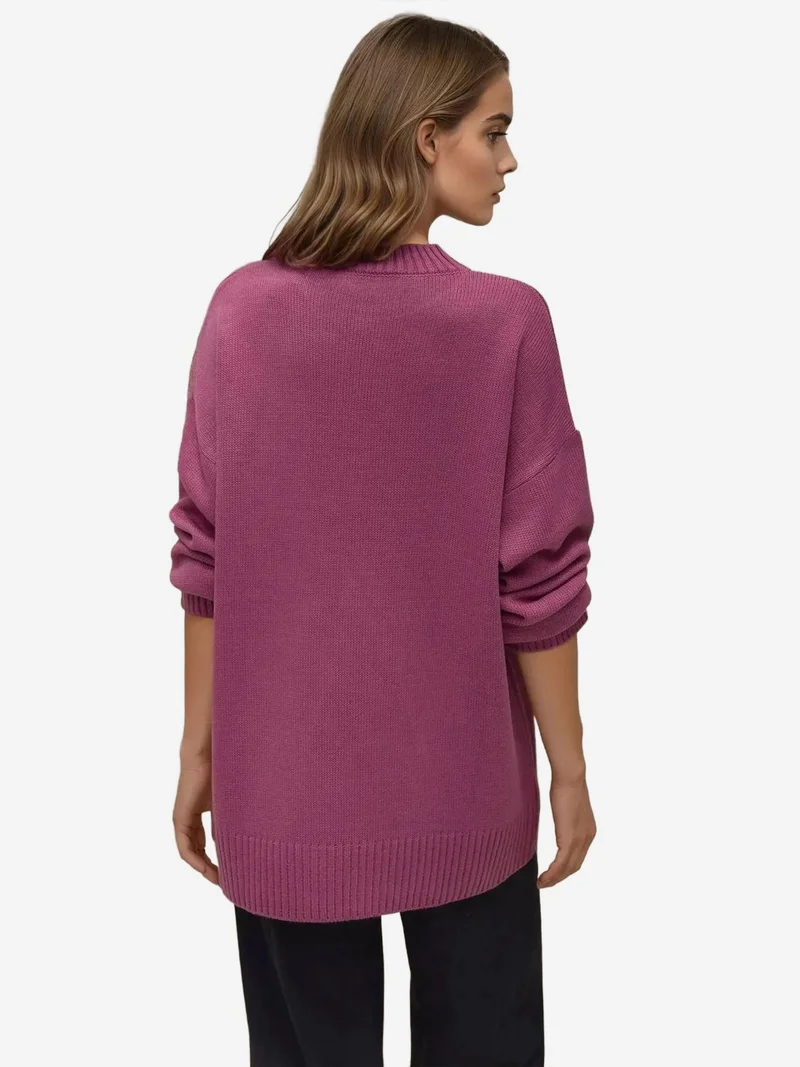 HICCUP Dusty Rose Pink Thick Knit Crew Neck Long Sweater for Women | Best Price UAE