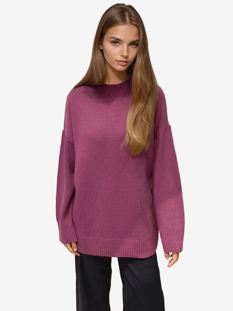 HICCUP Dusty Rose Pink Thick Knit Crew Neck Long Sweater for Women | Best Price UAE