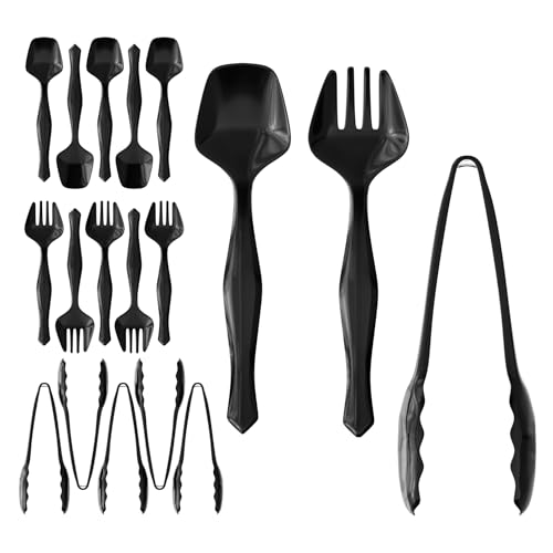 R-kay 18 Pcs Black Plastic Serving Utensils Set - 6 Black Plastic Serving Spoons, 6 Black Tongs And 6 Forks - Heavy Duty Black Disposable Serving Utensils Set For Parties - Image 1