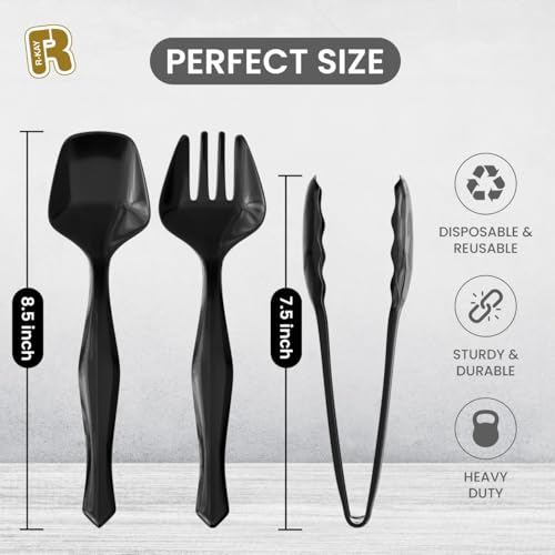 R-kay 18 Pcs Black Plastic Serving Utensils Set - 6 Black Plastic Serving Spoons, 6 Black Tongs And 6 Forks - Heavy Duty Black Disposable Serving Utensils Set For Parties - Image 5
