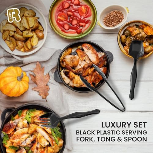 R-kay 18 Pcs Black Plastic Serving Utensils Set - 6 Black Plastic Serving Spoons, 6 Black Tongs And 6 Forks - Heavy Duty Black Disposable Serving Utensils Set For Parties - Image 4