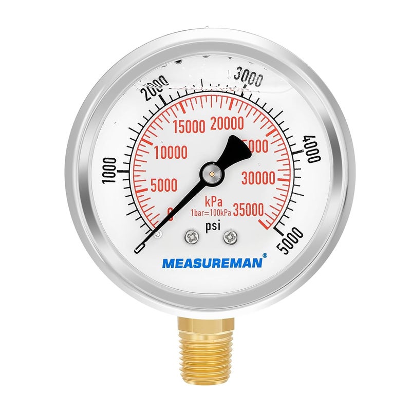MEASUREMAN مقياس ضغط هيدروليكي مملوء بالسائل من ميزورمان، حجم القرص 2-1/2 بوصة، نطاق 0-5000 رطل لكل بوصة مربعة/كيلو باسكال، غلاف من الفولاذ المقاوم للصدأ 304، تركيب سفلي 1/4 إنش إن بي تي - Image 1