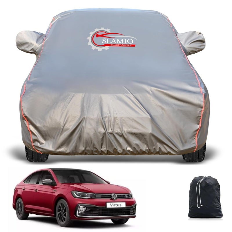 Slamio Heavy-Duty Car Body Cover for Volkswagen Virtus (2022-2025) | Waterproof, Dustproof, UV Protection, Custom Fit, Heavy Belt & Buckle with Mirror & Antenna Pocket | Dark Grey - Image 1