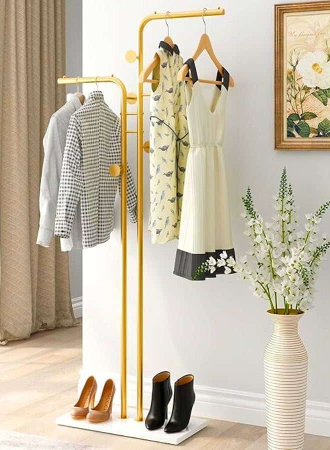 Chase Up Double-pole Coat Rack Freestanding, Modern Metal Coat Racks Hanger Stand with 5 Hooks and Natural Marble Base, for Bedroom, Office, Hallway, Entryway, Living Room Gold - Image 2