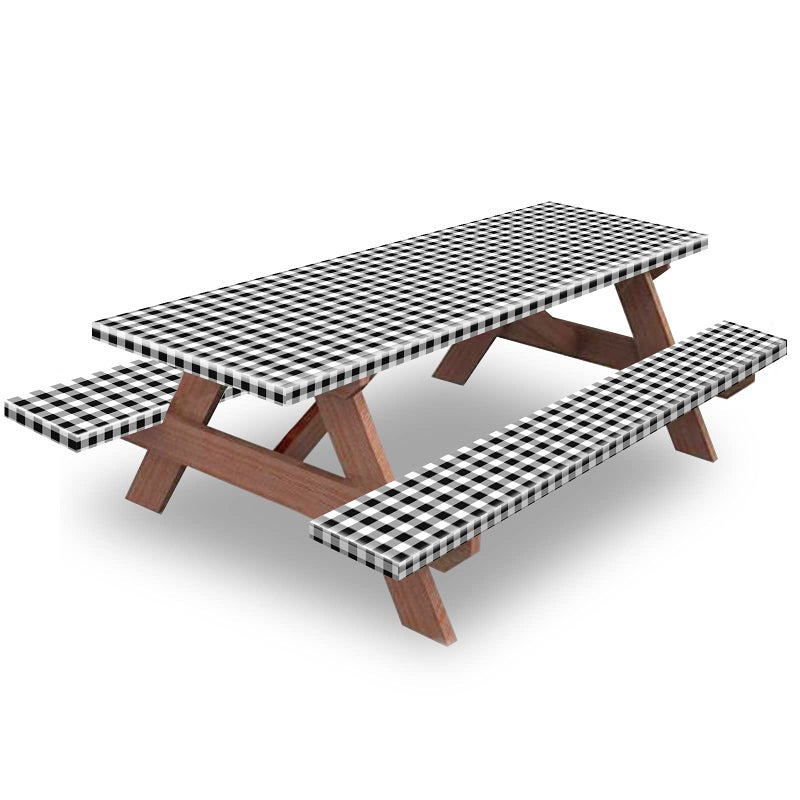 KENOBEE KENOBEE 7ft Picnic Table and Bench Cover Camping Essentials RV Gear 84 in Waterproof Windproof Outdoor Elastic All Around Tablecloth Fitted Rectangle Tables and Seats BlackWhite Checkered 